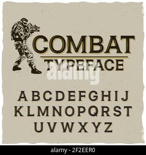 Poster di carattere da combattimento con soldato disegnato a mano su grigio Illustrazione Vettoriale