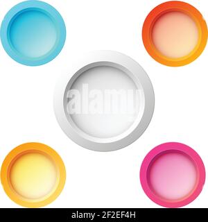 Set di cinque pulsanti rotondi colorati per siti Web, Internet o applicazioni con diversi colori e dimensioni illustrazione vettoriale Illustrazione Vettoriale