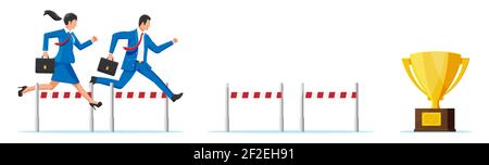Uomo d'affari e donna in competizione in steeplechase corsa. Uomo d'affari e uomo d'affari che salta sopra la barriera. Crisi finanziaria. La sfida della gestione del rischio. Raggiungimento e obiettivo. Illustrazione vettoriale piatta Illustrazione Vettoriale