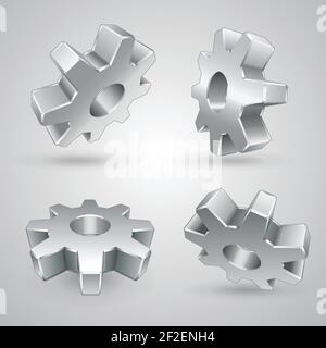 Quattro ingranaggi metallici su sfondo grigio immagine vettoriale 3d isolata Illustrazione Vettoriale