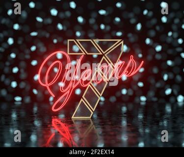 Numero d'oro sette (numero 7) tagliato in segmenti d'oro traforati con anni di iscrizione con uno sfondo di forme sfocate incandescenti. Illustrazione 3D Foto Stock