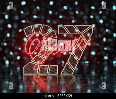 Numero d'oro ventisette (numero 27) tagliate in segmenti d'oro traforati con anni di iscrizione con uno sfondo di forme sfocate incandescenti. Illus 3D Foto Stock