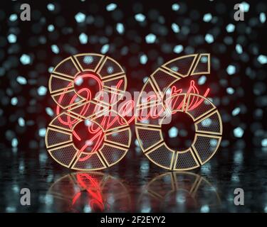 Numero d'oro ottantasei (numero 86) tagliati in segmenti d'oro traforati con anni di iscrizione con uno sfondo di luccicanti forme sfocate. Illustratore 3D Foto Stock