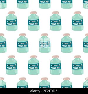 Flaconi di vaccino Coronavirus modello vettoriale senza cuciture. Immagine di fondo ripetuta della dose del vaccino Covid disegnata manualmente. Dose di vaccinazione. Arresta Covid Illustrazione Vettoriale
