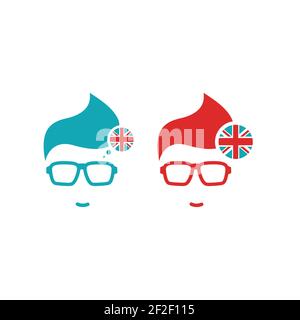 Set di icone in lingua inglese. Silhouette della testa dell'uomo in occhiali da hipster e bandiera inglese in cerchio. Avatar semplice blu. Scegli il paese, impara, insegna Illustrazione Vettoriale