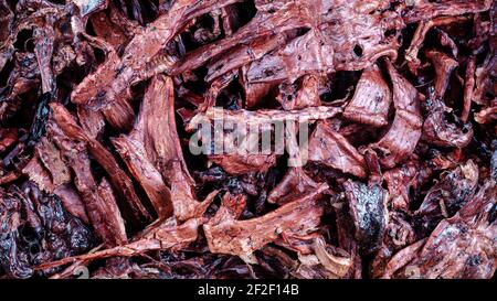 Delizie utili per gli animali domestici. Polmoni di manzo essiccati. Telaio completo di pezzi di trattamento essiccati. Manzo a scatti per i cani. Vista dall'alto, disposizione piatta Foto Stock