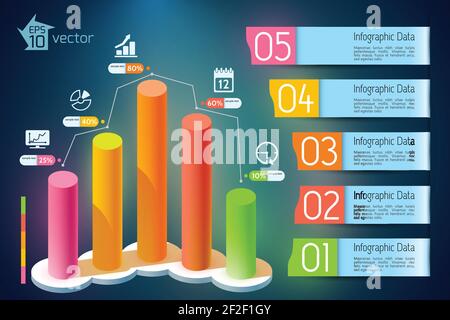 Infografica sulla crescita aziendale con colonne rotonde 3d colorate, cinque opzioni banner e icone della barra multifunzione di testo illustrazione vettoriale Illustrazione Vettoriale