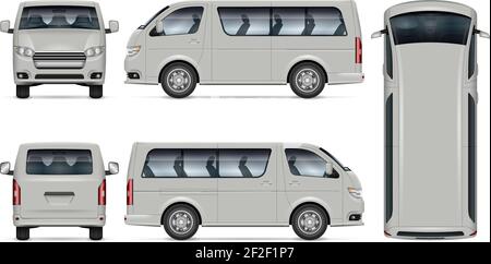 Minibus vettore mockup. Modello isolato di minivan su bianco per il branding dei veicoli e l'identità aziendale. Tutti gli elementi nei gruppi su livelli separati. Illustrazione Vettoriale