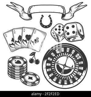 Insieme di elementi del casinò (carte, chip e roulette) per la creazione di badge, loghi, etichette, poster, ecc. isolati su bianco Illustrazione Vettoriale