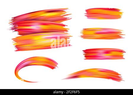 Set di pennellate a gradiente brillante. Pennello colorato in rosa, rosso e arancione isolato su sfondo bianco. Illustrazione vettoriale. Illustrazione Vettoriale