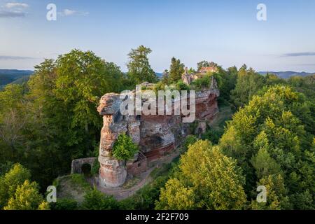 Vista sul drone della rovine del castello di Falkenstein. Punto di riferimento storico situato su alta roccia arenaria come attrazione turistica a Moselle, Francia. Foto Stock