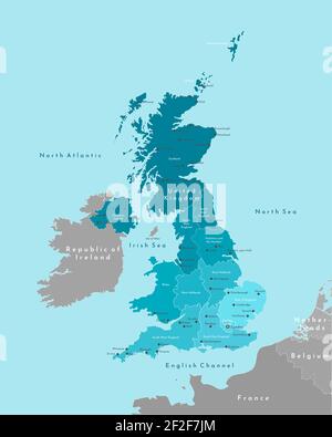 Illustrazione moderna vettoriale. Mappa geografica semplificata del Regno Unito di Gran Bretagna e Irlanda del Nord (Regno Unito). Sfondo blu del mare irlandese Foto Stock