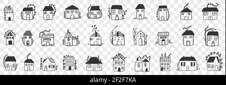 Edifici e case doodle set. Collezione di diverse facciate disegnate a mano di case da costruzione per alloggi familiari isolati su sfondo trasparente Illustrazione Vettoriale