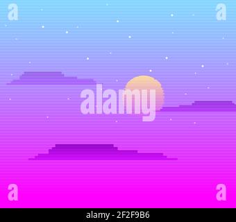 Cielo lineare al neon con nuvole retrò sfondo. Spazio pixel blu con forme d'aria viola e luna vecchia notte. Illustrazione Vettoriale