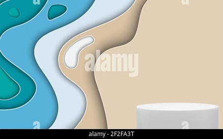 Piedistallo 3d realistico su sfondo tagliato di carta mare. Elegante espositore da podio vuoto per la presentazione di prodotti cosmetici, rivista di moda. Spazio di copia Illustrazione Vettoriale