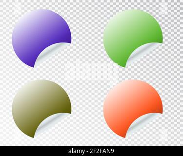 Adesivi rotondi con bordo arricciato in diverse varianti di colori isolati su sfondo trasparente. Illustrazione Vettoriale