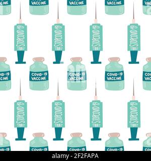 Siringa del flacone di vaccino Covid modello vettoriale senza cuciture. Schema della dose di vaccinazione di base ripetuta di Coronavirus tracciato manualmente. Arresta Covid Illustrazione Vettoriale