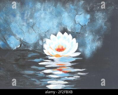 Loto con foglie su sfondo blu scuro. Fiore di loto tradizionale acquerello sfondo pittura, scena notturna Foto Stock