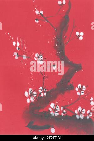Pittura Cinese tradizionale. Fiori di ciliegio sul ramo di albero. Ramo di sakura fiorente su sfondo rosso, pittura acquerello in cinese Foto Stock