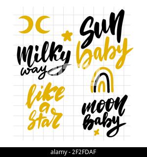 Set di scritte a stelle. Modo Latteo, come una stella, il bambino del sole, il bambino della luna. Illustrazione Vettoriale
