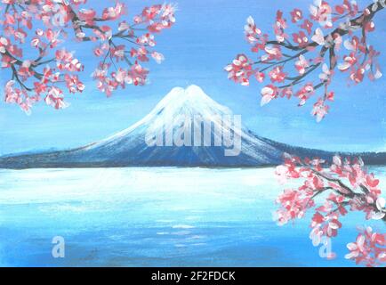 Monte Fuji e la fioritura dei ciliegi sakura sul lago kawaguchiko nella stagione primaverile del Giappone. Illustrazione del paesaggio della pittura ad acquerello. Famoso e popolare punto di riferimento i Foto Stock