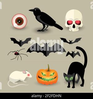 Halloween isolato icone decorative insieme di cranio di pumpkin bat crow ragno gatto nero e bianco cartone animato di ratto illustrazione vettoriale Illustrazione Vettoriale