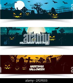 Set di striscioni di auguri halloween con lanterne di animali di zucca cimitero alberi e luna isolato vettore illustrazione Illustrazione Vettoriale