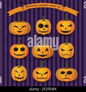 Collezione natalizia di zucche di Halloween con diverse espressioni ed emozioni illustrazione vettoriale di sfondo con strisce viola Illustrazione Vettoriale