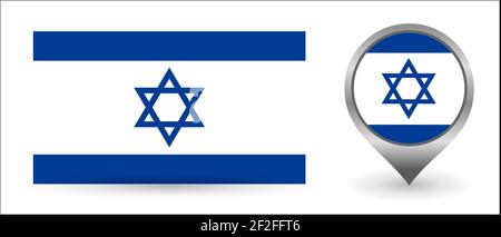 Bandiera vettoriale Israele. Punto di posizionamento con bandiera Israele all'interno. Simbolo di colore isolato su sfondo bianco. Illustrazione Vettoriale