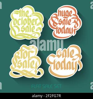Iscrizioni tipografiche in vendita con adesivi calligrafici colorati scritti a mano illustrazione vettoriale isolata in stile piatto Illustrazione Vettoriale