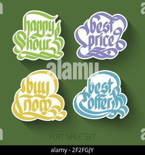 Collezione di iscrizioni pubblicitarie tipografiche con adesivi calligrafici scritti a mano in carta colorata in un'illustrazione vettoriale isolata in stile piatto Illustrazione Vettoriale