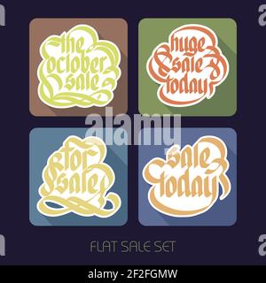 Set di iscrizioni tipografiche in vendita con adesivi in carta calligrafica su quadrati colorati immagine vettoriale isolata Illustrazione Vettoriale
