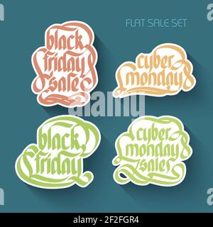 Collezione di iscrizioni promozionali tipografiche con adesivi calligrafici scritti a mano in carta colorata in un'illustrazione vettoriale isolata in stile piatto Illustrazione Vettoriale