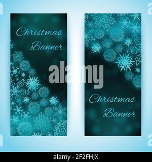 Striscioni verticali dal design piatto con fiocchi di neve blu di diverso tipo illustrazione vettoriale isolata dalla forma Illustrazione Vettoriale