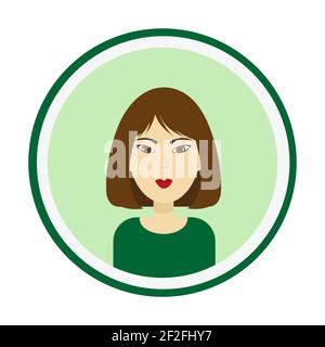 Avatar femminile. Carino ritratto donna su sfondo verde. Faccia della ragazza con i capelli marroni di lunghezza media e gli occhi marroni. Illustrazione vettoriale isolata. Illustrazione Vettoriale