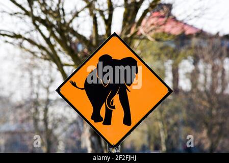 Cartello segnaletico che parla di un elefante nella strada, un'attrazione turistica di Nantes, Francia. Foto Stock