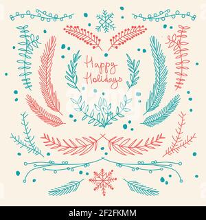 Vacanze invernali modello floreale disegnato a mano con rami di alberi naturali immagine vettoriale dei colori rosso e blu Illustrazione Vettoriale