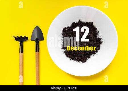 12 dicembre. Giorno 12 del mese, data del calendario. Piastra bianca di terreno con una piccola spatola e rastrellare su sfondo giallo. Mese invernale, giorno dell'anno c Foto Stock