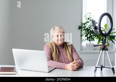 Profilo vista laterale ritratto di lei bella attraente addicted capelli grigi biondi granny giocare rete web virtuale gioco di squadra a industriale Foto Stock