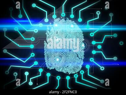 Scanner biometrico per impronte digitali contro i collegamenti del microprocessore su sfondo blu Foto Stock