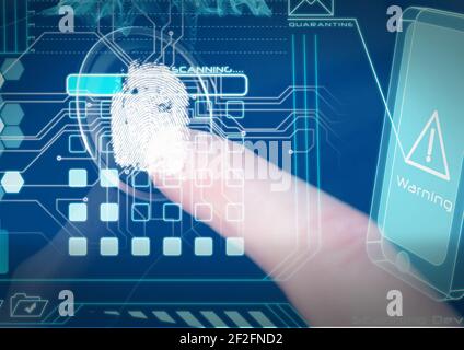 Il pollice umano sullo scanner biometrico contro l'elaborazione dei dati di sicurezza informatica su sfondo blu Foto Stock