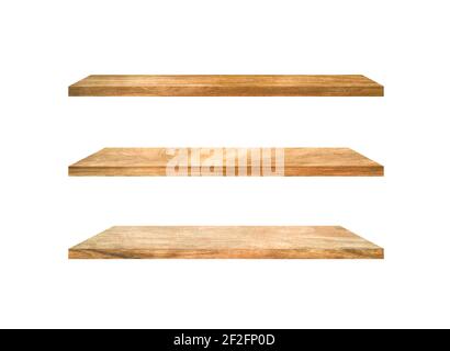 Set di ripiani in legno isolati su sfondo bianco con percorso di ritaglio per la progettazione. Utilizzato per la visualizzazione o il montaggio dei prodotti Foto Stock