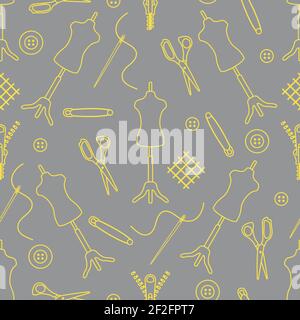 Vector pattern seamless manichino, forbici, ago, pin, pulsanti, cerniera su sfondo bianco. Gli strumenti di taglio e cucito. Sarto. Atelier di cucito Sartoria wor Illustrazione Vettoriale