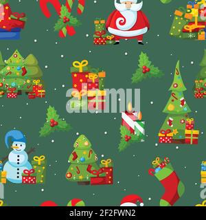 Happy New Year simboli modello senza giunture con cartoni animati di albero di natale, babbo natale, eves, pupazzo di neve sullo sfondo verde scuro mano disegnato vettore ill Illustrazione Vettoriale