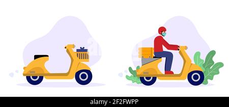 Consegna rapida degli alimenti in scooter. Uomo di consegna in maschera medica che guida su scooter e scooter vuoto. Concetto di servizio di consegna online. Illustrazione Vettoriale