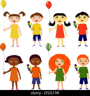 Un set di bambini di diverse nazionalità del mondo in un abito, pantaloncini. Set di 8 personaggi, ragazzi e ragazze con palloncini e gelato. Africa, Illustrazione Vettoriale