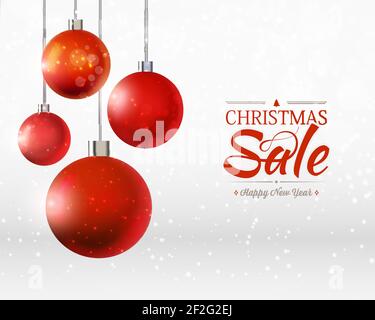 Natale e felice anno nuovo poster di vendita con quattro palle ornamenti, nastri sul grigio e bianco sfondo illustrazione vettoriale Illustrazione Vettoriale