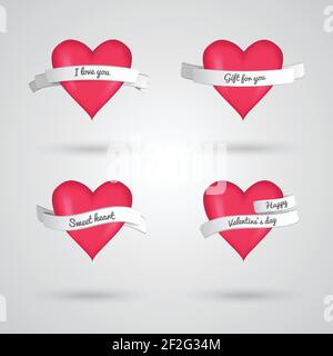 Design piatto 2x2 carte d'amore romantiche con cuori rossi e. nastri isolati su sfondo grigio illustrazione vettoriale Illustrazione Vettoriale