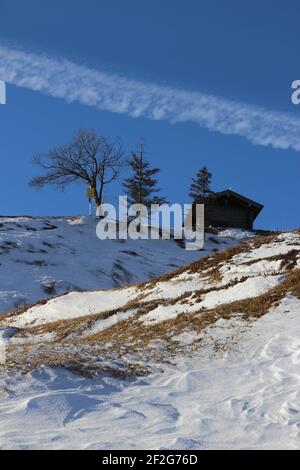 Escursione invernale all'Hohe Kranzberg (1397 m), Europa, Germania, Baviera, alta Baviera, Mittenwald, Isar Valley, Werdenfels, inverno, gruppo di alberi, summit house Foto Stock