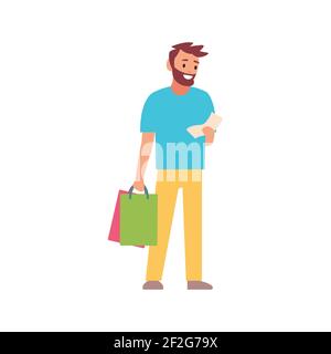 Shopping, persone con borse dal negozio. Tema di vendita per il vostro disegno. Illustrazione vettoriale isolata su sfondo bianco. Illustrazione Vettoriale